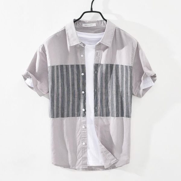 

men's casual shirts summer short sleeve linen square collar shirt, striped top, White;black