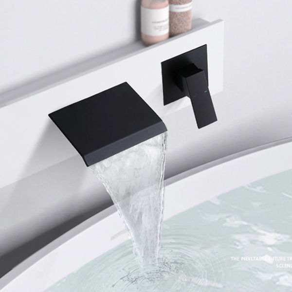 

bathroom sink faucets luxury matte black two holes cold and basin wall-mounted all brass waterfall bathtub tap dm7o