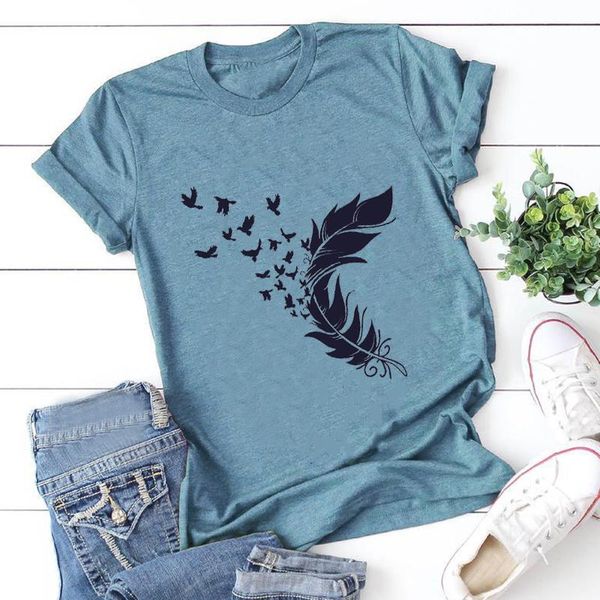 

women's t-shirt feather birds plus size fashion casual women short sleeve graphic harajuku tshirt aesthetic summer art y2k tees, White