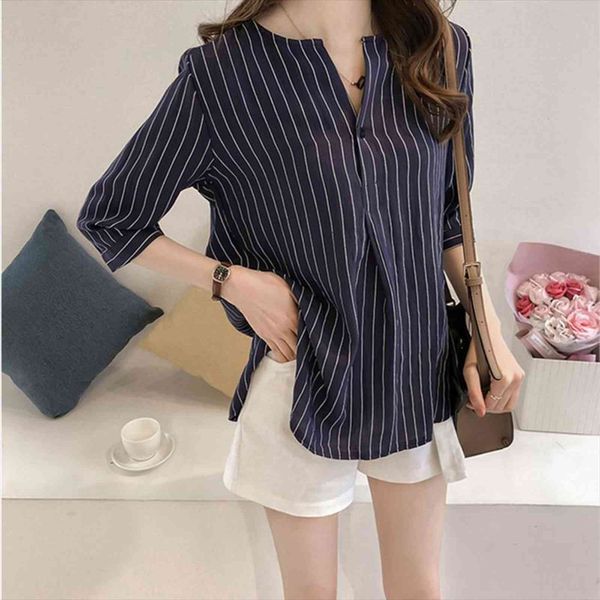 

arc neckline vertical stripe elegant womens shirts large size three quarter sleeve show collarbone loose slim striped shirt, White