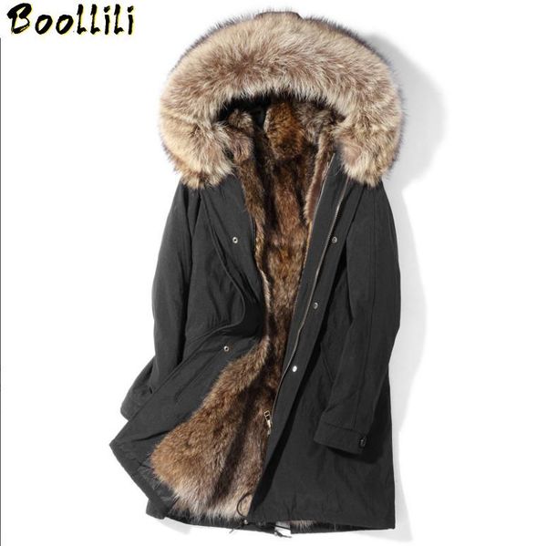 

men's leather & faux boollili 2021 parka real fur coat men winter jacket warm raccoon liner long genuine coats parkas de hombre, Black