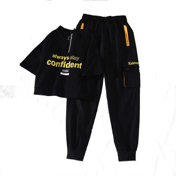 

summer high-waist streetwear cargo pant casual joggers black high waist loose female trousers two-piece 210531, White