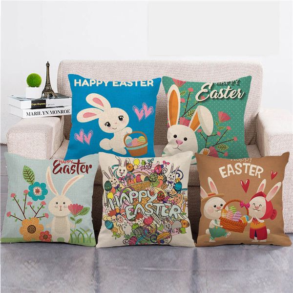 

happy easter eggs cute rabbit color flowers linen/cotton throw pillow cushion cove