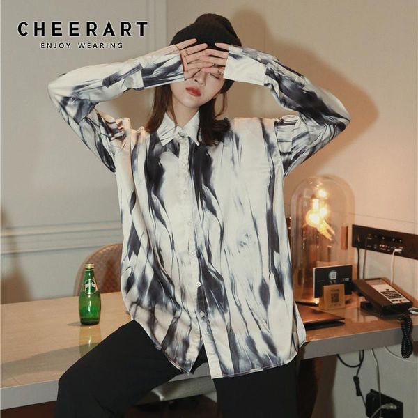 

cheerart tie dye oversized shirt women autumn long sleeve and blouses button up collar shirt designer fashion clothing, White