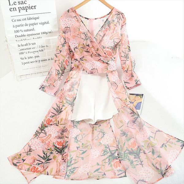 

summer elegant floral print shorts womenpant two piece set casual long sleeve asymmetrical chiffon shirt and white