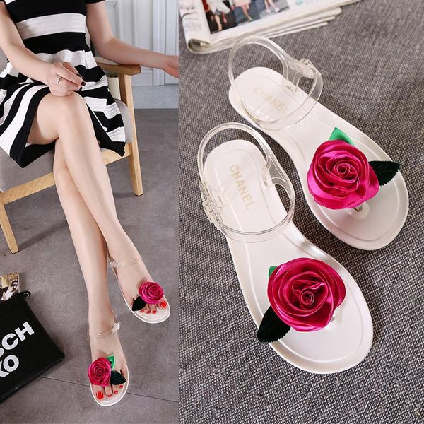 

sandals fashion bohemian style shoes beautiful rose flowers inlay jelly flat for women (size 35-40), Black