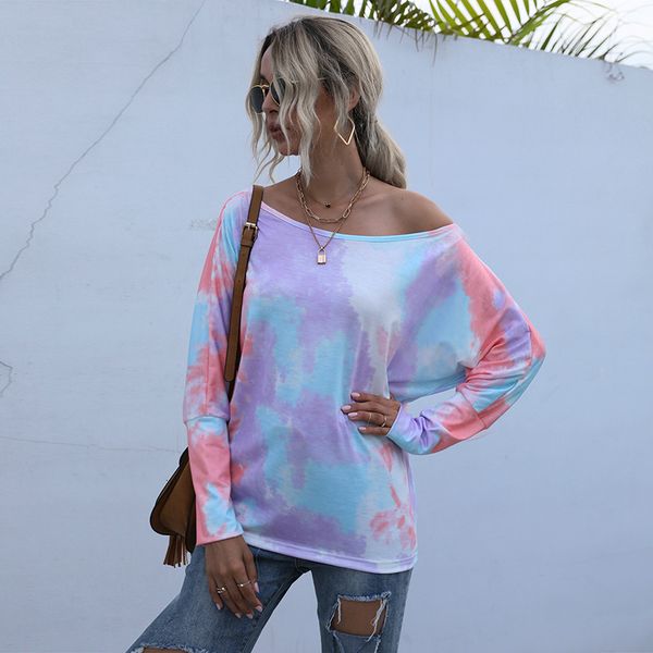 

2021 new women tie dye printing t-shirt streetwear off shoulder batwing sleeve sweatshirt oversized casual tees harajuku bcoy, White
