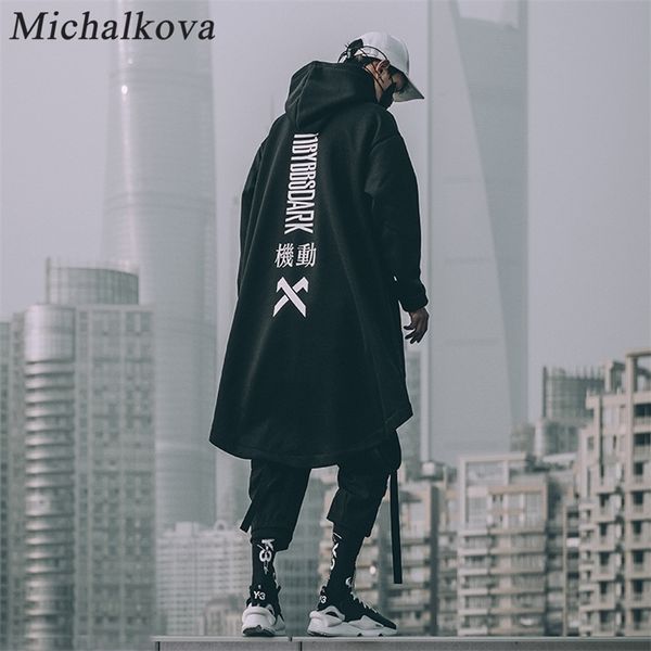 Michalkova Japanisches Sweatshirt Herren Übergröße Hoodies Langer Mantel Hip Hop Gothic Outwear Streetwear Mantel Harajuku Stil Männliche Tops 201103