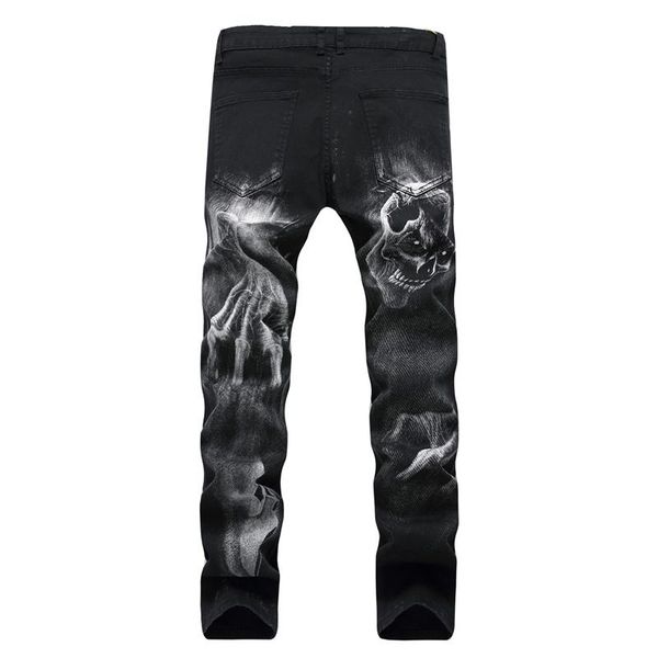 

fashion hipster streetwear wolf head printed jeans men's straight black denim pants slim fit male casual strech cowboys trousers, Blue
