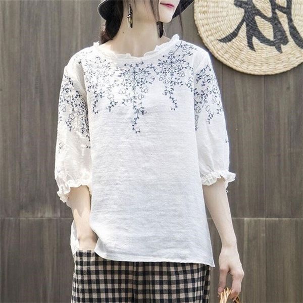 

f&je summer style women tshirt plus size half sleeve loose vintage embroidery tee shirt femme cotton linen tshirts big mgz2 210306, White
