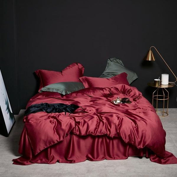 

bedding sets dark wine red solid color elegent set luxury tencel silk  king size duvet cover bed sheet breathable ultra soft