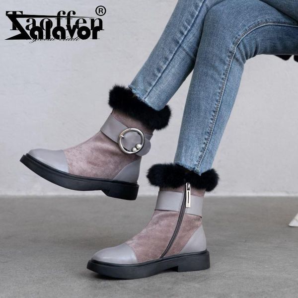 

boots zalavor women genuine leather winter warm ankle plush fur round toe zipper snow daily fashion shoes woman size 33-40, Black
