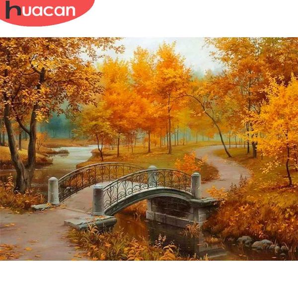 

diamond painting huacan autumn landscape cross stitch 5d diy mosaic bridge wall art home decoration
