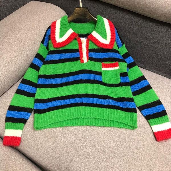 

women's sweaters 2021 autumn and winter striped contrast color big lapel fluffy soft knit sweater women 0922, White;black