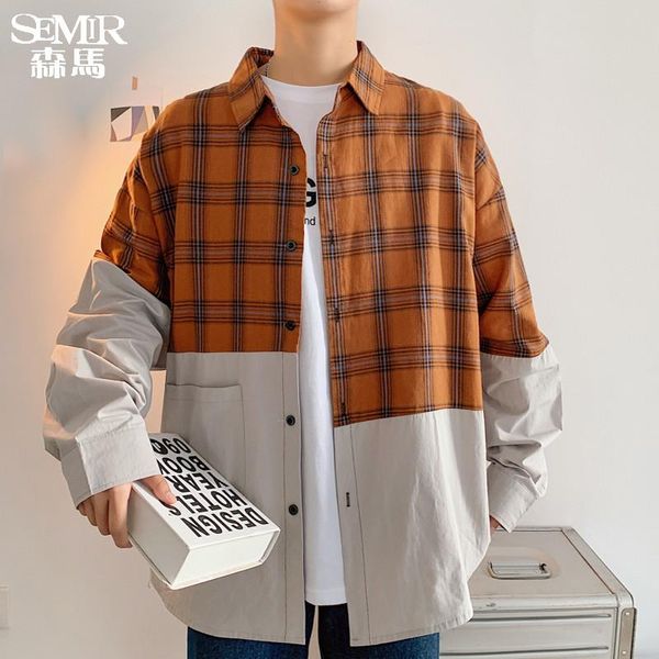 Camicie casual da uomo Primavera 2021 I ragazzi oversize possono indossare cuciture scozzesi a maniche lunghe, Camisa streetwear stile studente rilassato e bello