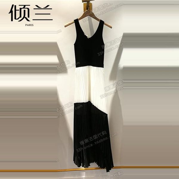 

casual dresses patads french women's dress  spring summer noble temperament color matching irregular hem ruddy, Black;gray