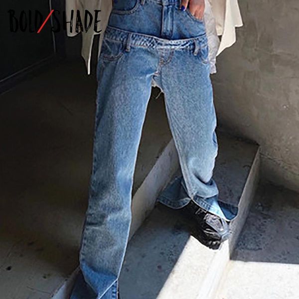 

bold shade grunge boy friend jeans high waist vintage street fashion women indie solid split straight denim style jeans spring, Blue