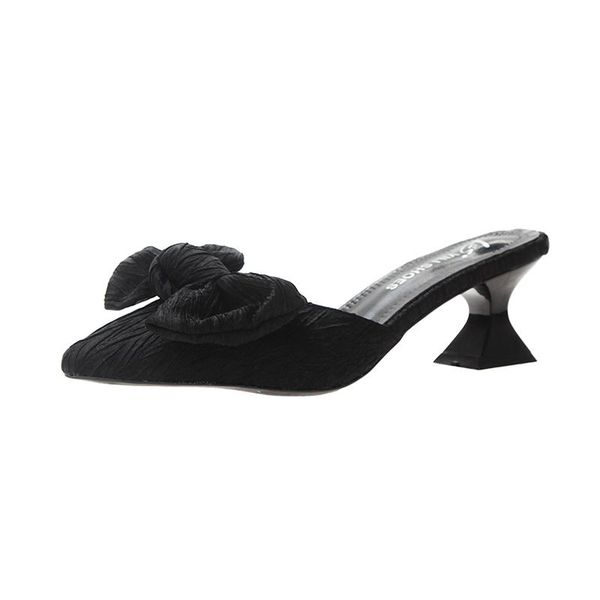 

baotou half slippers women's fashion big bow sandals women's summer thick heel high heels, Black