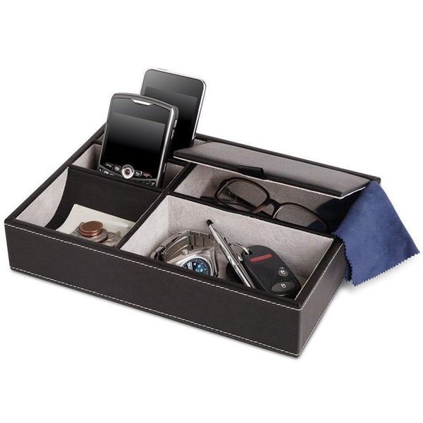 

storage bags tray with compartments empty pockets leather desk wallet phone watch money cufflinks jewelry men's and women's organi