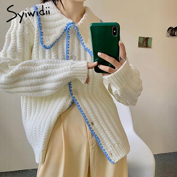 

women's knits & tees syiwidii knitted sweaters women cardigan fall 2021 vintage fashion turn-down collar long sleeve single breasted c, White