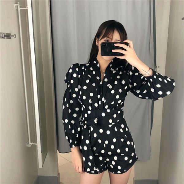 

women's jumpsuits & rompers women vintage v-neck polka dot print belt high waist short jumpsuit loose long sleeve playsuits, Black;white