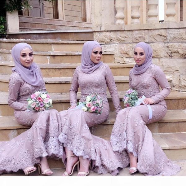 

lavender muslim bridesmaid dresses long sleeves lace applique beaded crystals custom made mermaid sweep train maid of honor gown vestido, White;pink