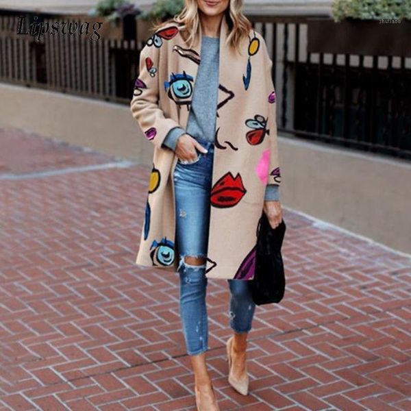 

women's wool & blends winter elegant pattern printed women long cardigan fashion v-neck sleeve outerwear lady autumn loose warm jacket, Black