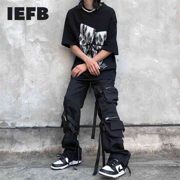 

iefb fashion design black cargo pants for men spring hip hop streetwear drawstring elastic waist causal trousers 9y5519 210715