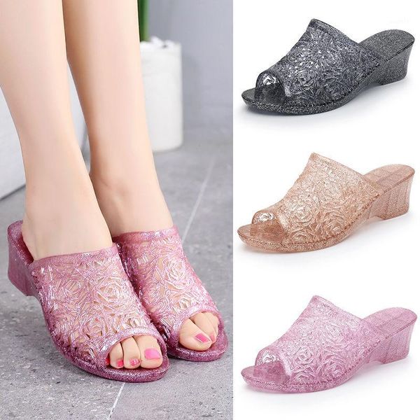 

slippers women's sandals high-heeled crystal 2021 thick-heeled thick summer home non-slip comfortable breathable shoes1, Black