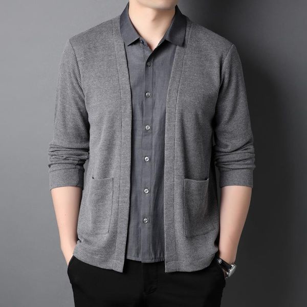 

men's sweaters 2021 autumn fake two-piece knitted cardigan business casual slim fit shirt collar sweater male brand clothing, White;black