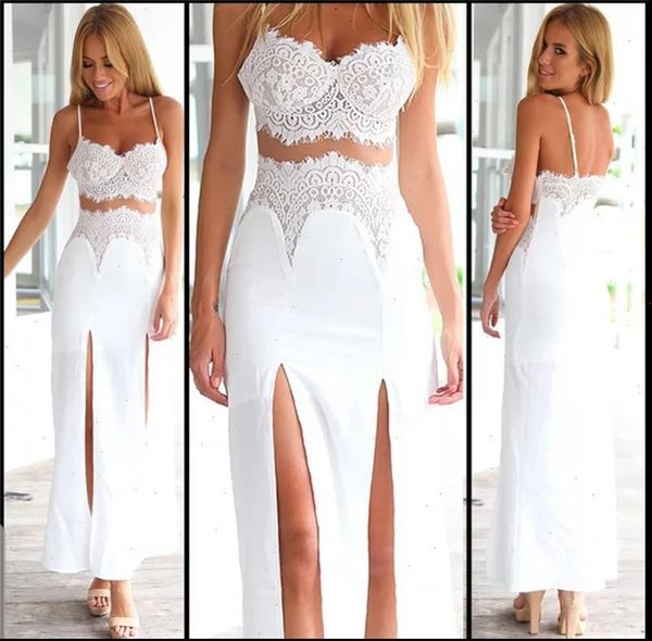 

women two pieces lace v neck floral strap tabk vest crop high waist split skirt side split long maxi skirt, Gray
