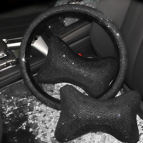 

steering wheel covers black diamond car auto cover neck pillow seat rhinestone headrest rest cushion bling interior accessories