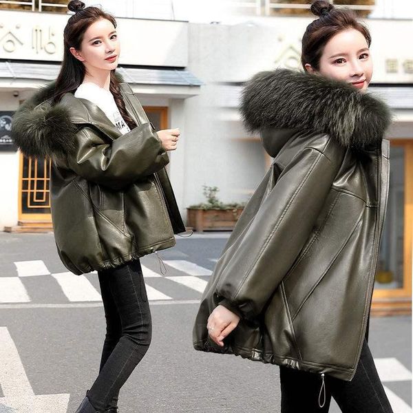 

women's leather & faux 2021 winter parkas warm cotton padded coat hooded loose women large size jacket thick quilted wadded pu jackets, Black