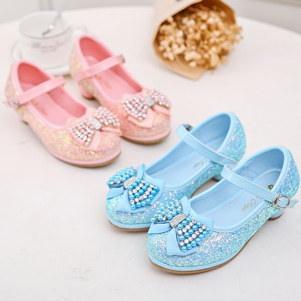 

Kids Shoes for Girl Princess Low Heel leather shoes Spring Sequins Rhinestone Bow Baby Girl Infant Wedding Shoes STX006, Stx006blue