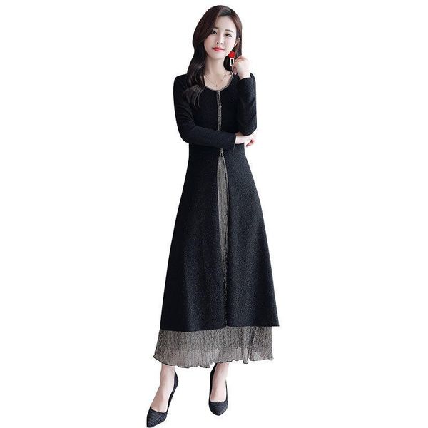 

casual dresses 2021 autumn fashion long dress women's fake two-piece patchwork vintage elegant ladies maxi vestidos 5xl f820, Black;gray