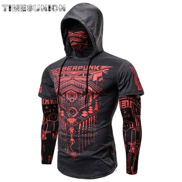 

mens skull hoodies sweatshirt fake two pieces men punk jogging homme pullover elastic streetwear hoodie japan ninja suit 201127, Black