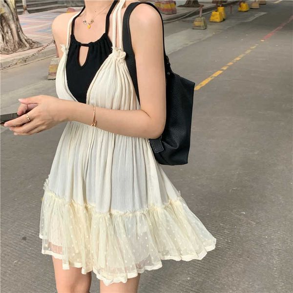 

summer mini dress for womens 2021 holiday style girls sweet loose lace up spaghetti strap dress womens (r98259) y0603, Black;gray