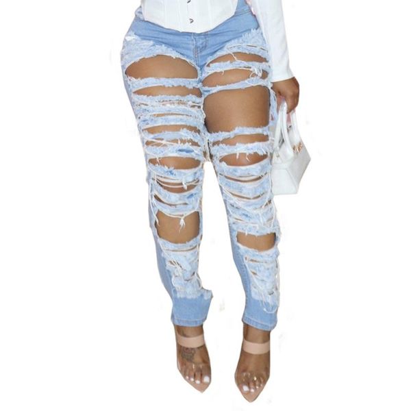 

women's jeans pant fashion large size holes elastic small leg, Blue