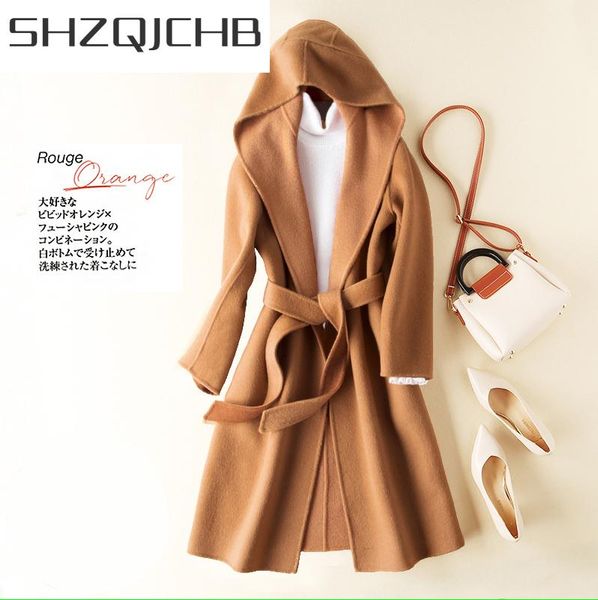 

women's wool & blends shzq elegant winter coat female autumn clothes 2021 korean double sided cashmere long jacket + belt vintage woole, Black