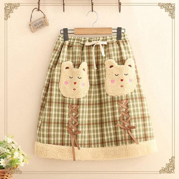 

skirts japanese 's mori girl fall and winter outfit sweet little bear ribbon grid cloth bust skirt schoolgirl woollen midiskirt, Black