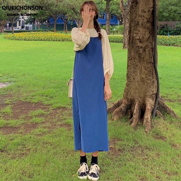 

two piece dress korean fashion clothing summer women sleeve blouse and long suspender skirt set 2 outfits f0hn, White