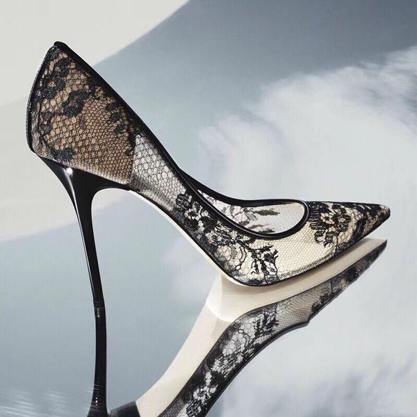 

dress shoes elegant high heels women pointed toe party pumps transparent flower lace wedding, Black