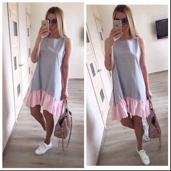 

fashion summer women dress sleeveless o neck loose dresses casual patchwork dresses female ruffled fishtail dress femme vestido, Black;gray