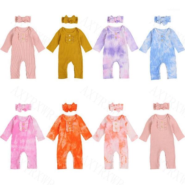 

jumpsuits 2021 born baby girls boy knitted romper clothes cotton tie dye print ruffles rompers headband infant boys1, Blue