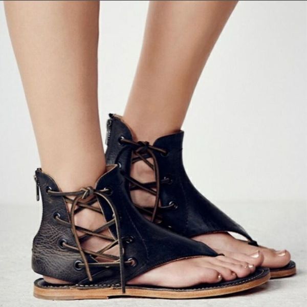 

size 35~43 sandals women 2021 flat summer gladiator retro women shoes sandalias de verano para mujer, Black