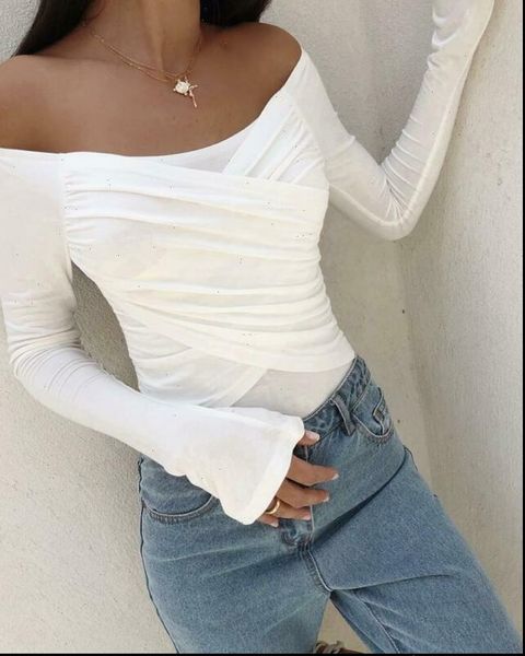 

fashion women off shoulder crop shirts ladies bodycon long sleeve blouse casual shirts drop shipping, White