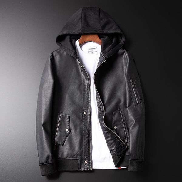 

men's leather & faux jacket male motorcycle, windbreaker with hood pu autumn plus size 8f0j, Black