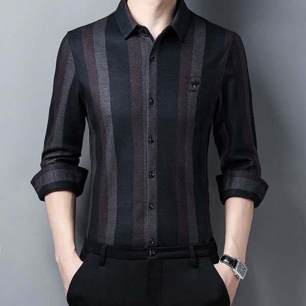 

2021 winter thickened frosted cardigan stripe print slim long sleeve coat lapel casual men's shirt, Black