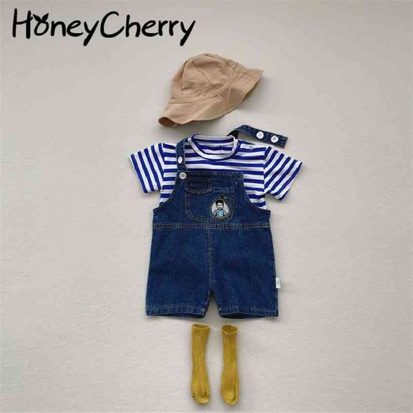 Sommer-Baby-Set für Mädchen, gestreiftes Kurzarm-Oberteil, Denim-Träger-Shorts, zwei Anzug-Outfits 210702