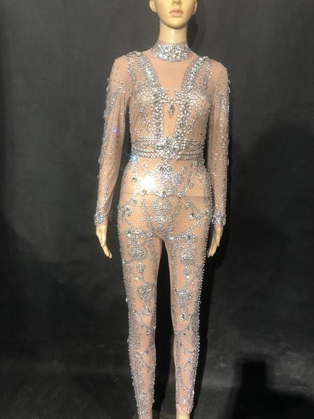 

women stage net yarn perspective jumpsuit silver glass sparkling crystals white pearls nightclub party stage wear costumes, Black;red